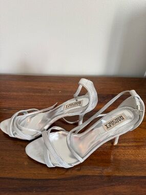 Badgley Mischka Silver Strappy Heels Size 8.5M | Leather Sole | Evening Wedding
